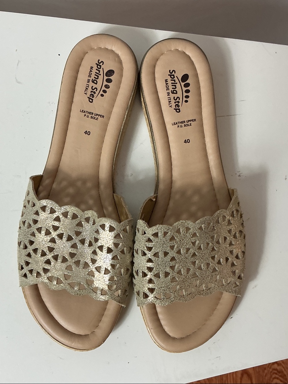 Spring Step Metallic Gold Laser-Cut Slide Sandals